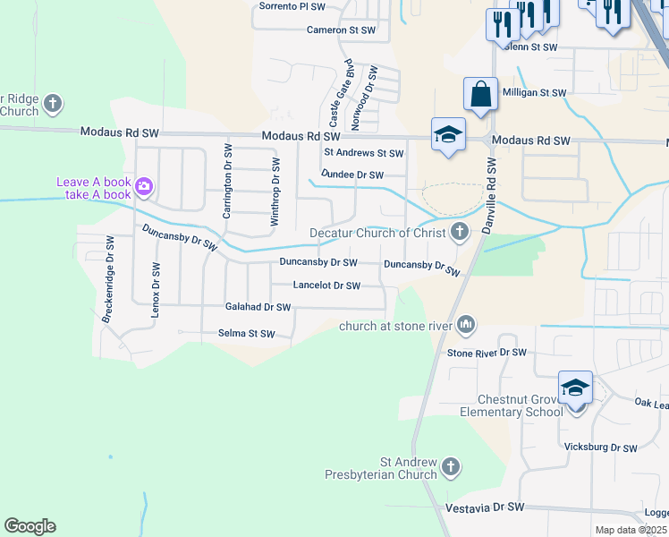 map of restaurants, bars, coffee shops, grocery stores, and more near 2205 Duncansby Drive Southwest in Decatur