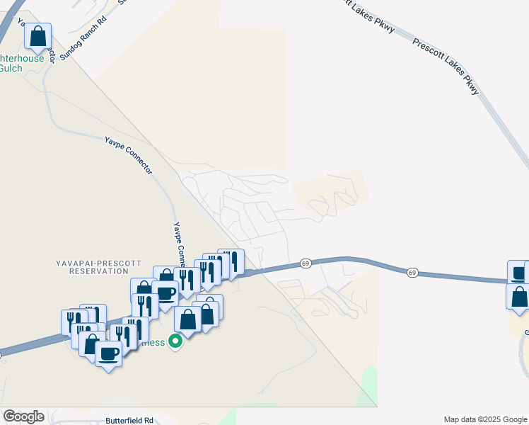 map of restaurants, bars, coffee shops, grocery stores, and more near 2234 River Trail Road in Prescott