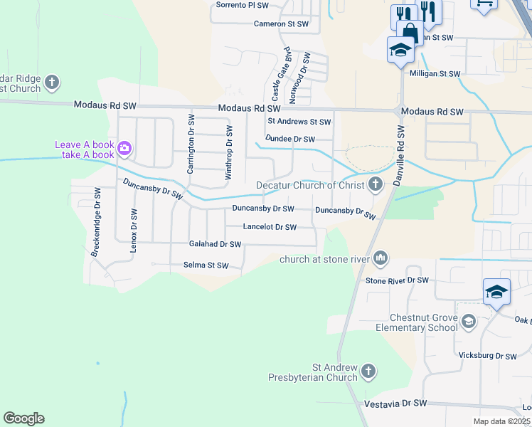 map of restaurants, bars, coffee shops, grocery stores, and more near 2205 Duncansby Drive Southwest in Decatur