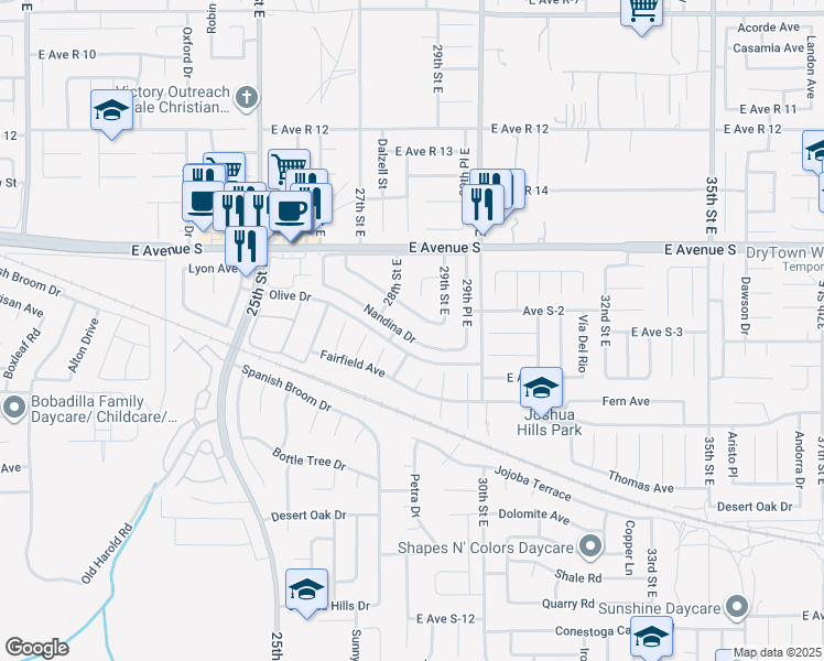 map of restaurants, bars, coffee shops, grocery stores, and more near 2848 Juniper Drive in Palmdale