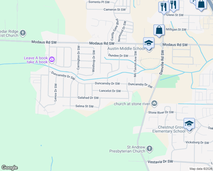 map of restaurants, bars, coffee shops, grocery stores, and more near 2305 Duncansby Drive Southwest in Decatur