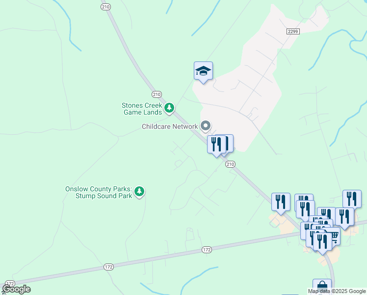 map of restaurants, bars, coffee shops, grocery stores, and more near 301 South Stingray Lane in Sneads Ferry