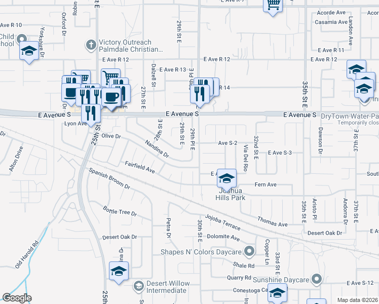 map of restaurants, bars, coffee shops, grocery stores, and more near 37039 29th Place East in Palmdale
