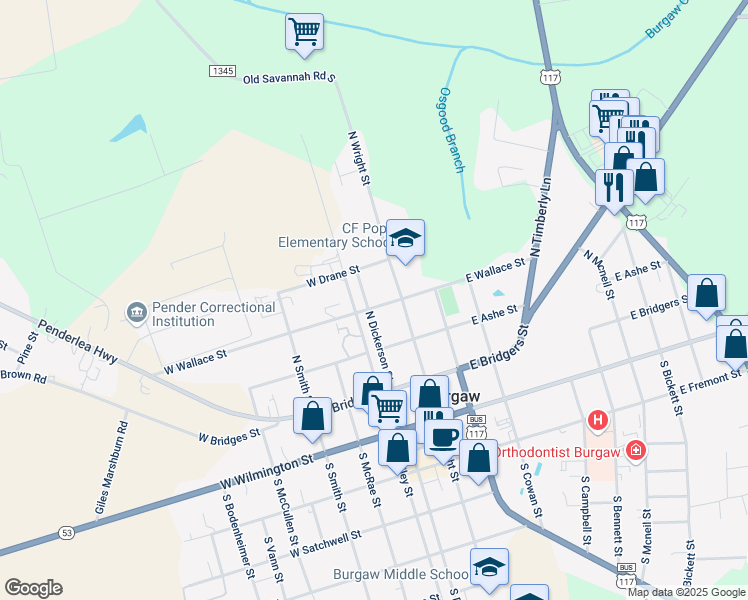 map of restaurants, bars, coffee shops, grocery stores, and more near 106 West Wallace Street in Burgaw