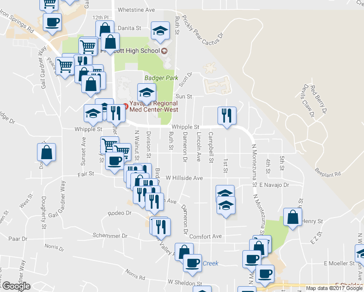 map of restaurants, bars, coffee shops, grocery stores, and more near 816 Dameron Drive in Prescott