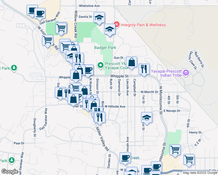 map of restaurants, bars, coffee shops, grocery stores, and more near 816 Ruth Street in Prescott