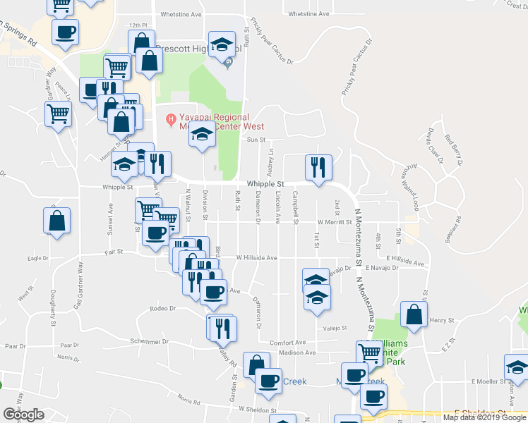 map of restaurants, bars, coffee shops, grocery stores, and more near 816 Dameron Drive in Prescott