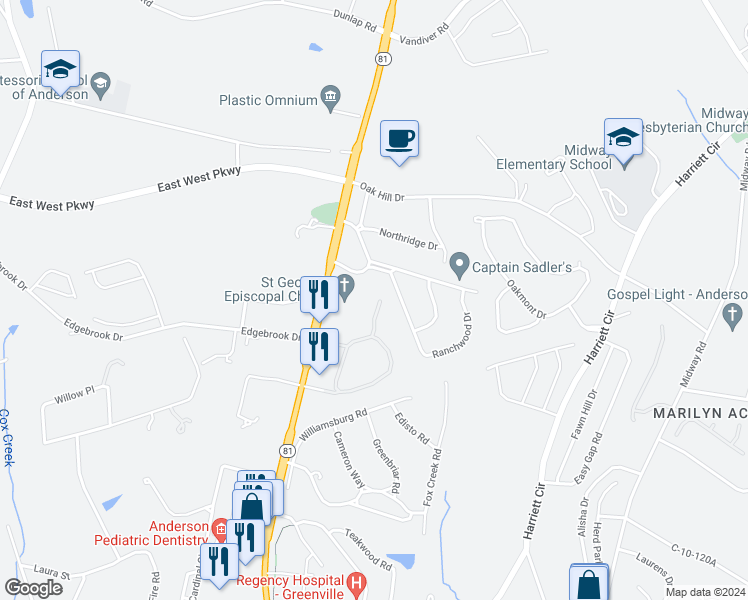 map of restaurants, bars, coffee shops, grocery stores, and more near 2704 Ranchwood Drive in Anderson