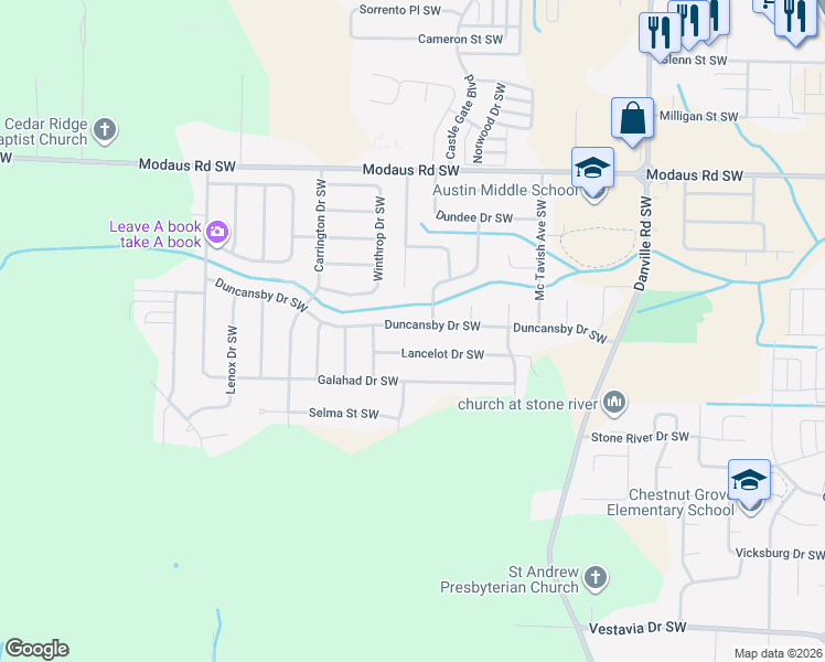 map of restaurants, bars, coffee shops, grocery stores, and more near 2305 Duncansby Drive Southwest in Decatur
