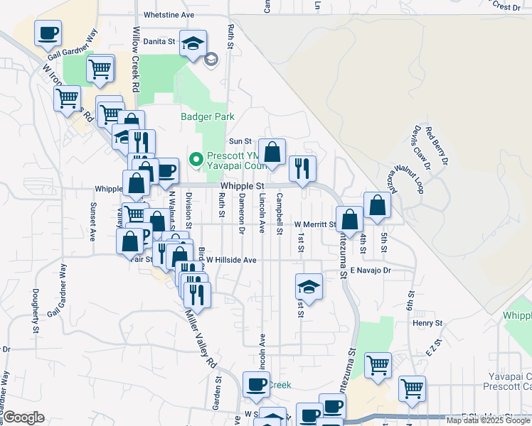 map of restaurants, bars, coffee shops, grocery stores, and more near 821 Lincoln Avenue in Prescott