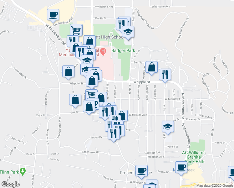 map of restaurants, bars, coffee shops, grocery stores, and more near 807 Division Street in Prescott