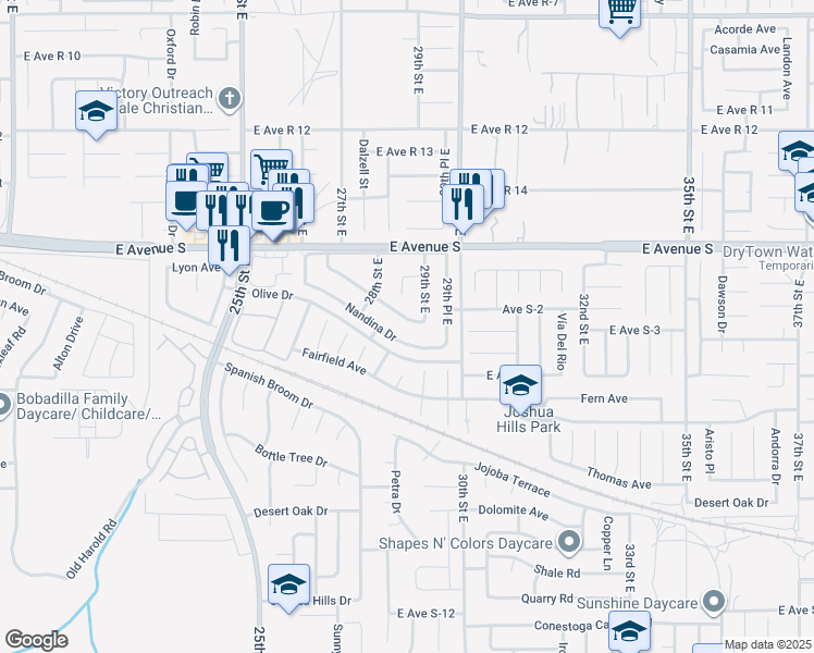 map of restaurants, bars, coffee shops, grocery stores, and more near 2848 Juniper Drive in Palmdale