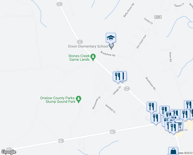 map of restaurants, bars, coffee shops, grocery stores, and more near 207 North Stingray Lane in Sneads Ferry