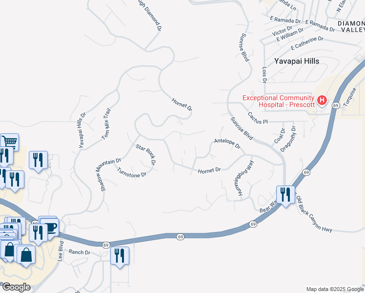 map of restaurants, bars, coffee shops, grocery stores, and more near 655 South Bear Claw in Prescott