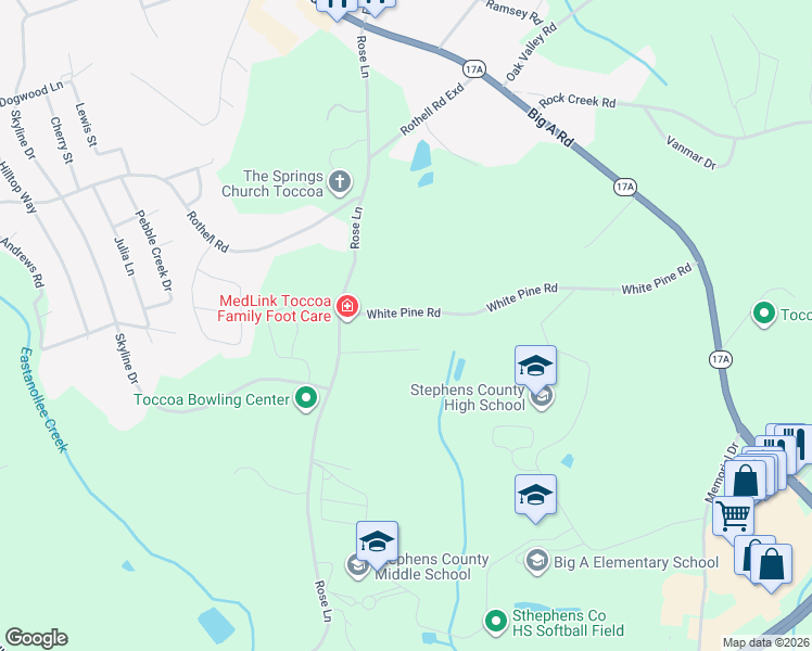 map of restaurants, bars, coffee shops, grocery stores, and more near 156 White Pine Road in Toccoa