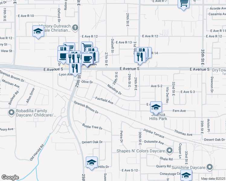 map of restaurants, bars, coffee shops, grocery stores, and more near 2810 Nandina Drive in Palmdale