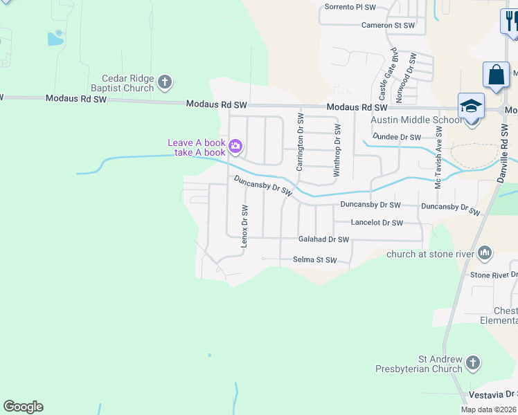 map of restaurants, bars, coffee shops, grocery stores, and more near 2909 Whiteford Drive Southwest in Decatur