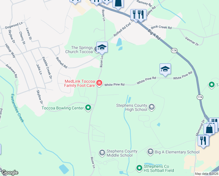map of restaurants, bars, coffee shops, grocery stores, and more near 68 White Pine Road in Toccoa