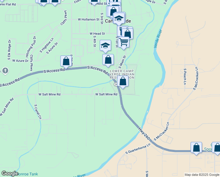 map of restaurants, bars, coffee shops, grocery stores, and more near 86 West Salt Mine Road in Camp Verde