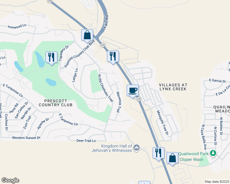 map of restaurants, bars, coffee shops, grocery stores, and more near 902 Maverick Trail in Yavapai County