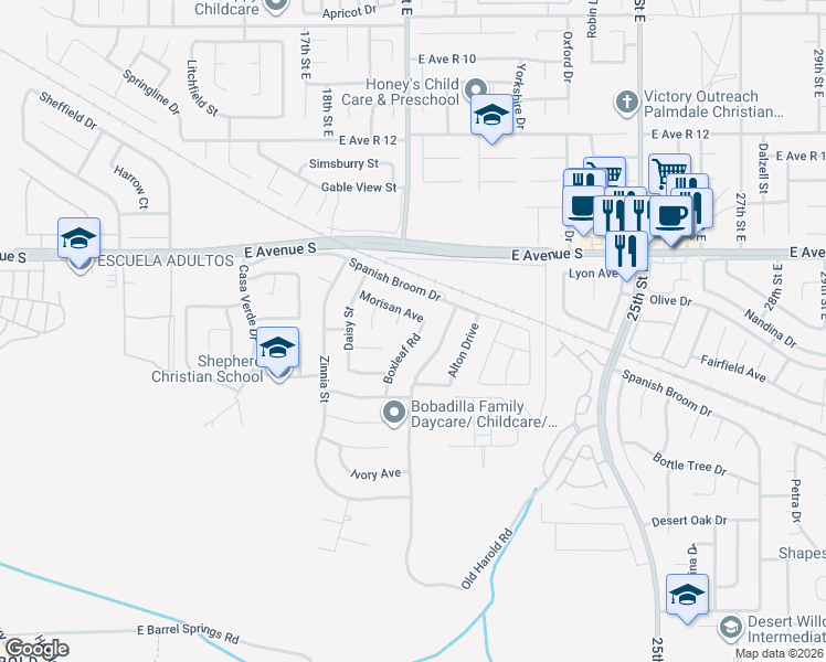 map of restaurants, bars, coffee shops, grocery stores, and more near 37065 Boxleaf Road in Palmdale