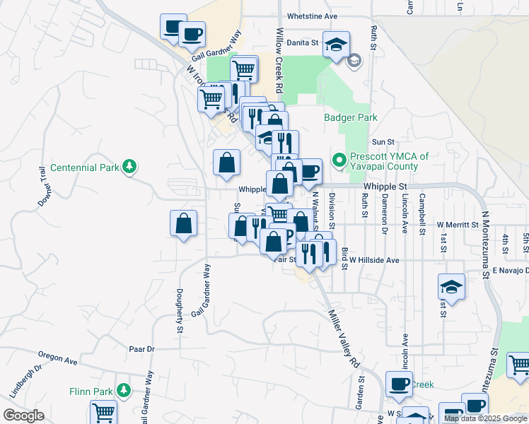 map of restaurants, bars, coffee shops, grocery stores, and more near 858 Valley Street in Prescott