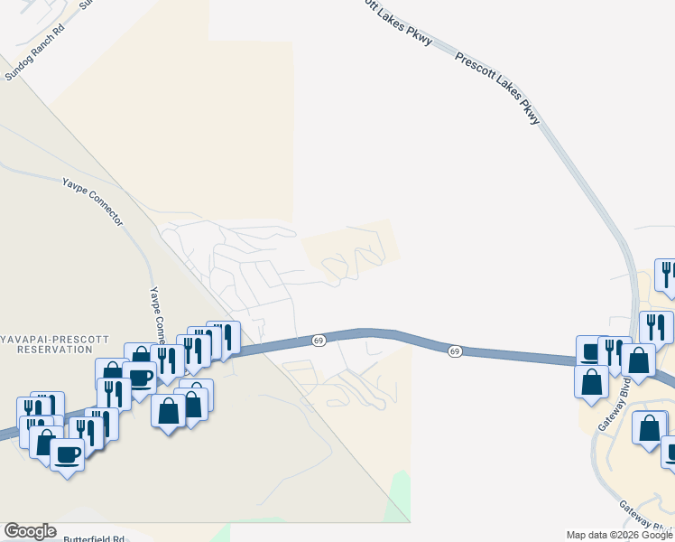 map of restaurants, bars, coffee shops, grocery stores, and more near 2458 River Trail Road in Prescott