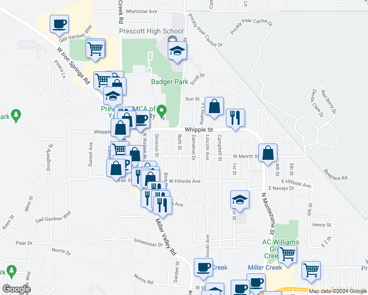 map of restaurants, bars, coffee shops, grocery stores, and more near 816 Dameron Drive in Prescott