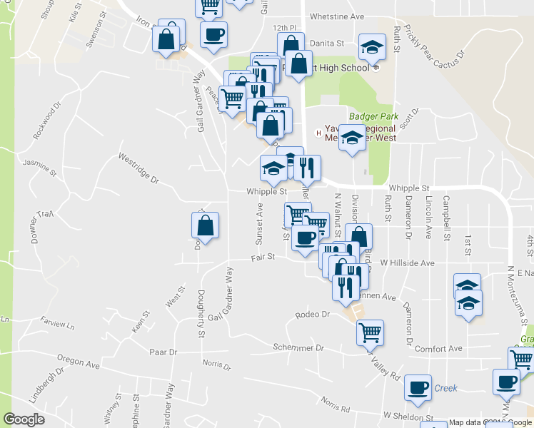 map of restaurants, bars, coffee shops, grocery stores, and more near 828 Sunset Avenue in Prescott