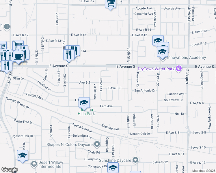 map of restaurants, bars, coffee shops, grocery stores, and more near 3243 East Avenue S-3 in Palmdale