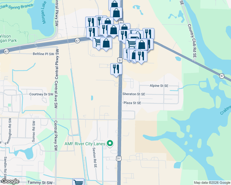 map of restaurants, bars, coffee shops, grocery stores, and more near 2705 U.S. 31 in Decatur