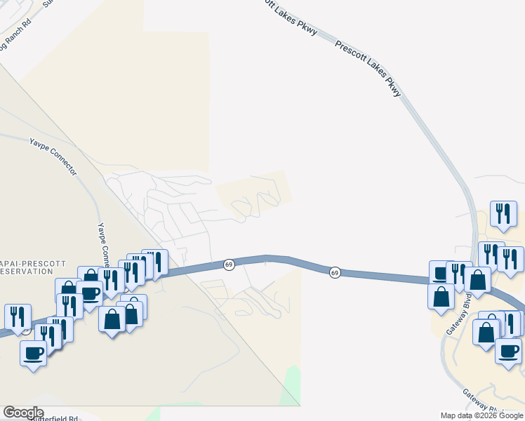 map of restaurants, bars, coffee shops, grocery stores, and more near 2493 Hilltop Road in Prescott