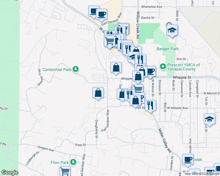 map of restaurants, bars, coffee shops, grocery stores, and more near 791 Gail Gardner Way in Prescott