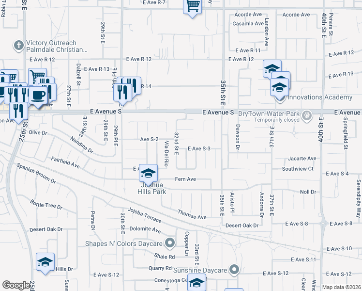 map of restaurants, bars, coffee shops, grocery stores, and more near 3211 Avenue S-3 East in Palmdale