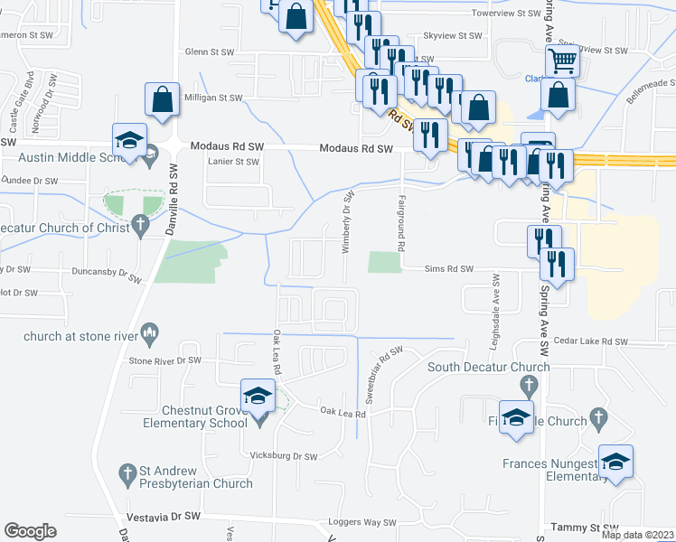 map of restaurants, bars, coffee shops, grocery stores, and more near 2911 Wimberly Drive Southwest in Decatur