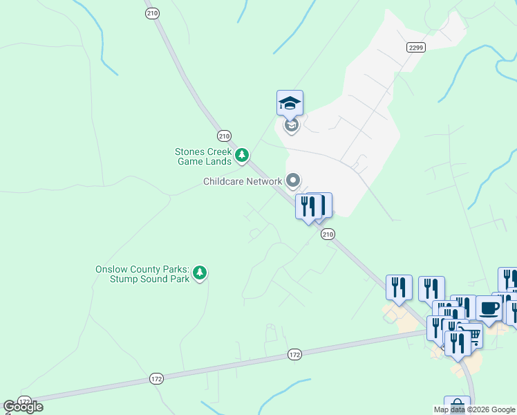 map of restaurants, bars, coffee shops, grocery stores, and more near 311 North Stingray Lane in Sneads Ferry