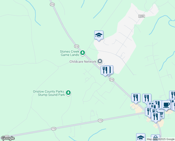 map of restaurants, bars, coffee shops, grocery stores, and more near 204 North Stingray Lane in Sneads Ferry