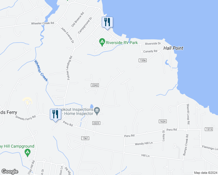 map of restaurants, bars, coffee shops, grocery stores, and more near 128 Lawndale Lane in Sneads Ferry