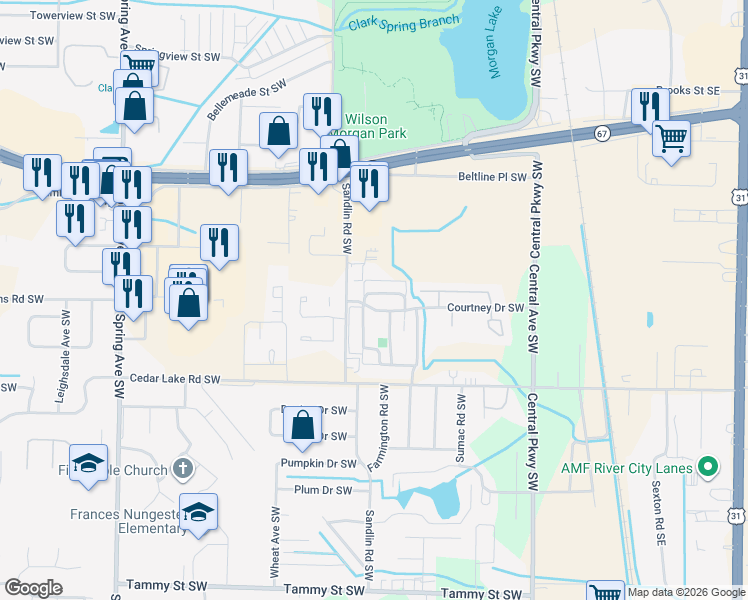 map of restaurants, bars, coffee shops, grocery stores, and more near 429 Courtney Drive Southwest in Decatur