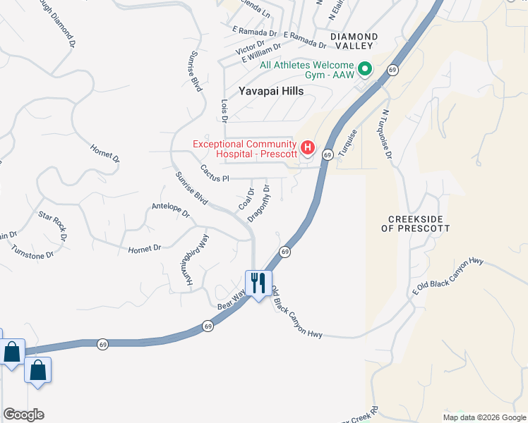 map of restaurants, bars, coffee shops, grocery stores, and more near 639 Dragonfly Drive in Prescott