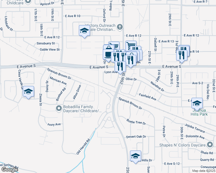 map of restaurants, bars, coffee shops, grocery stores, and more near 2242 Thomas Avenue in Palmdale
