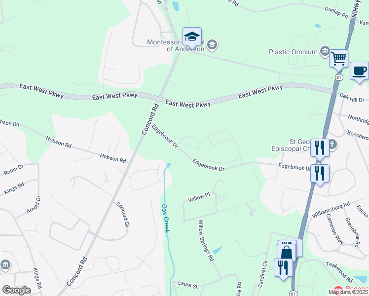 map of restaurants, bars, coffee shops, grocery stores, and more near 111 Friend Street in Anderson