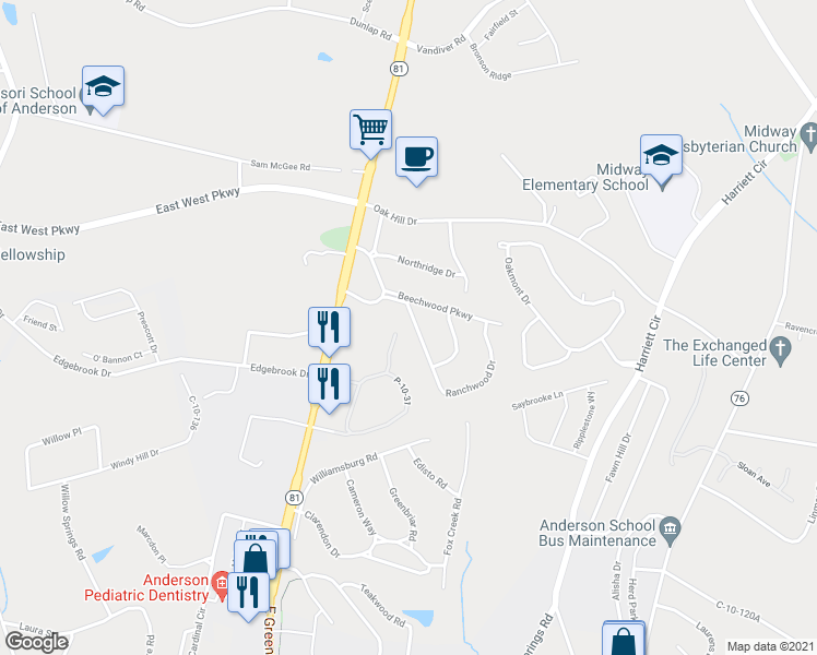 map of restaurants, bars, coffee shops, grocery stores, and more near 2704 Ranchwood Drive in Anderson
