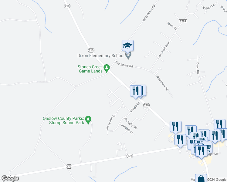 map of restaurants, bars, coffee shops, grocery stores, and more near 204 North Stingray Lane in Sneads Ferry
