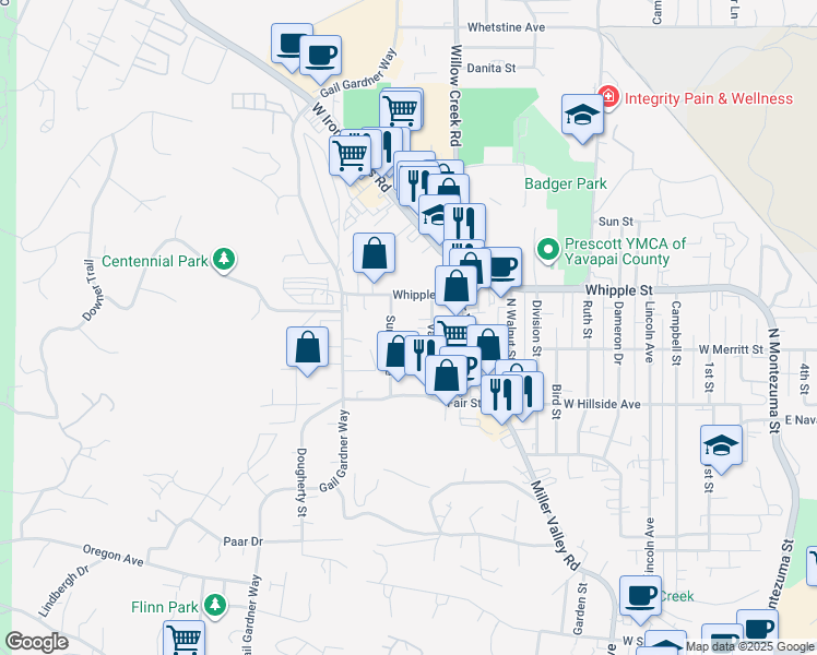 map of restaurants, bars, coffee shops, grocery stores, and more near 843 Sunset Avenue in Prescott