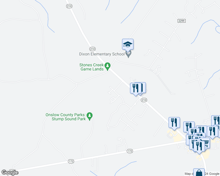 map of restaurants, bars, coffee shops, grocery stores, and more near 215 North Stingray Lane in Sneads Ferry