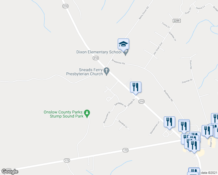 map of restaurants, bars, coffee shops, grocery stores, and more near 206 North Stingray Lane in Sneads Ferry