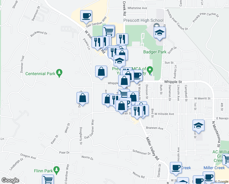 map of restaurants, bars, coffee shops, grocery stores, and more near 858 Valley Street in Prescott