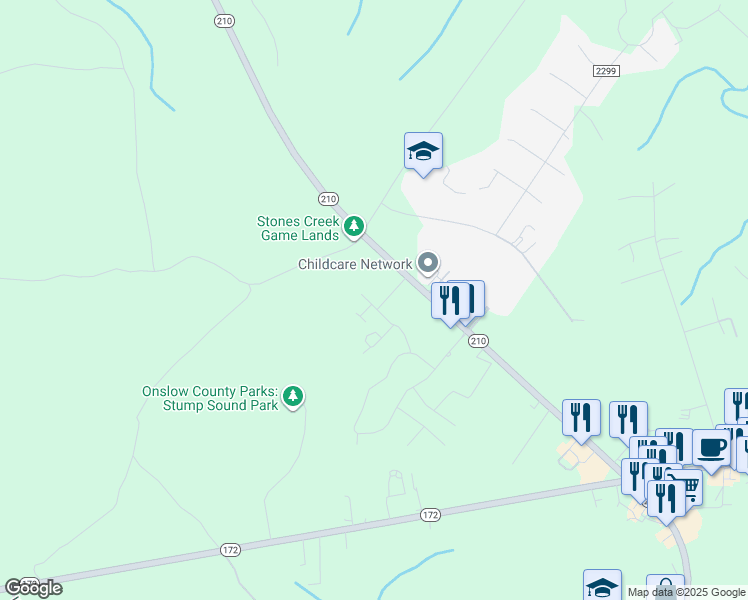 map of restaurants, bars, coffee shops, grocery stores, and more near 206 North Stingray Lane in Sneads Ferry