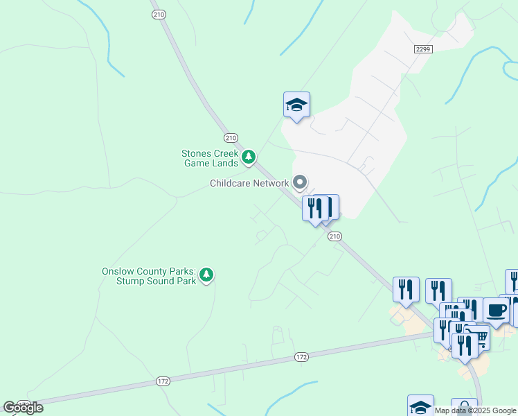 map of restaurants, bars, coffee shops, grocery stores, and more near 215 North Stingray Lane in Sneads Ferry